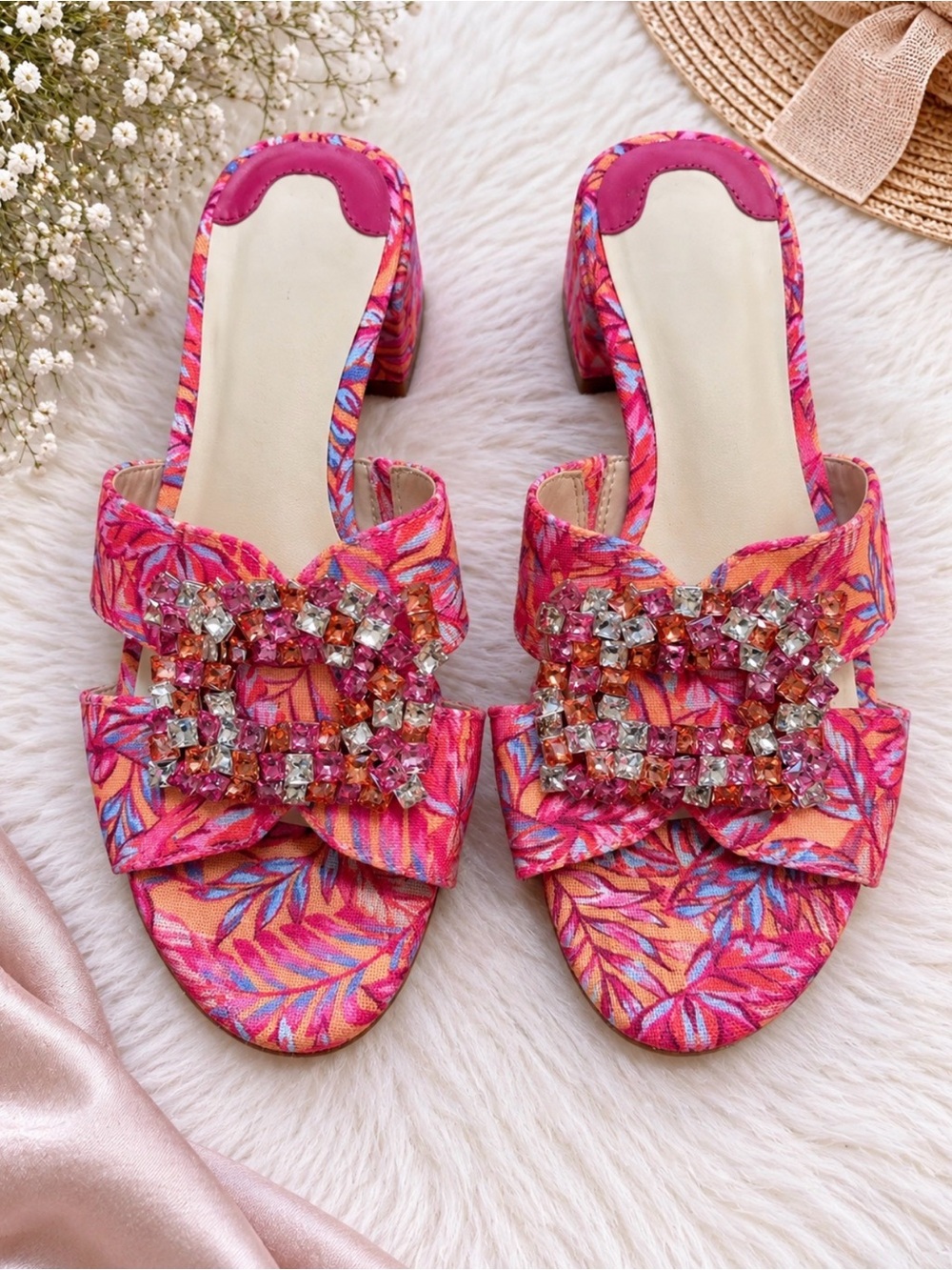 Embellished Pink Floral Block Heel Sandals